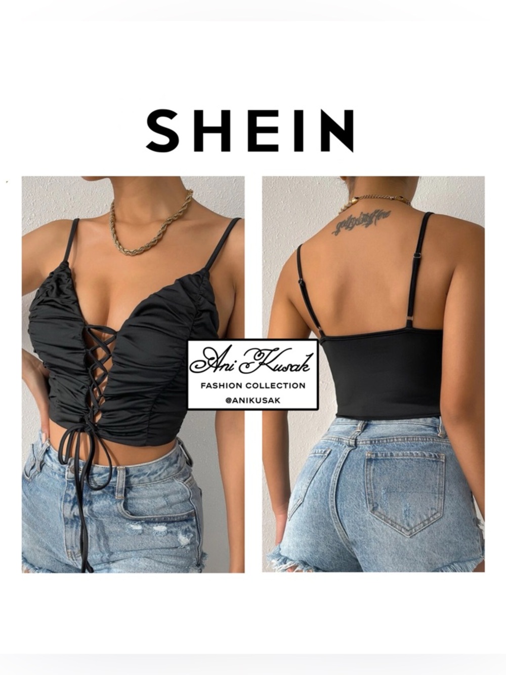 SHEIN Runched Lace Up Cropped Cami Top